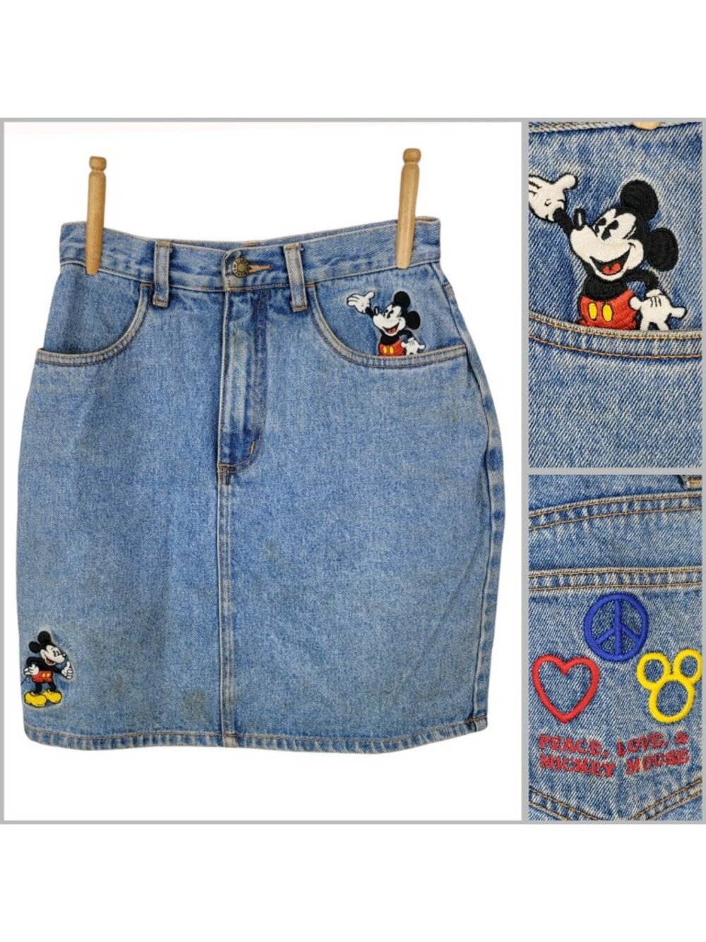Vintage Disney Store Mickey Mouse Denim Skirt Womens Small Embroidered Y2K Jean